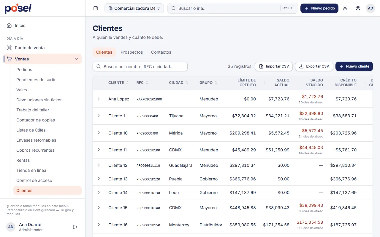 Pantalla de clientes de Posel: lista de clientes con sus saldos y datos de contacto.