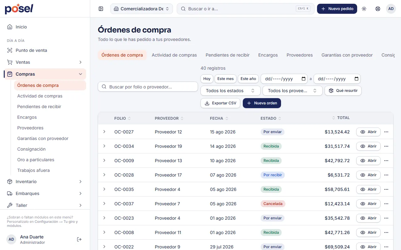 Pantalla de compras de Posel: tabla de órdenes de compra con folio, proveedor, fecha, estado y total.