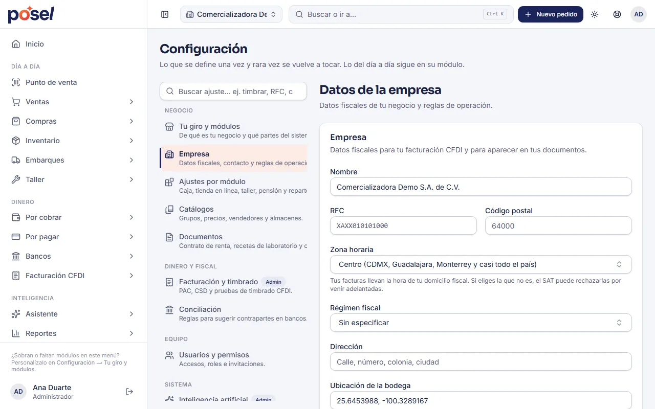 Pantalla de configuración de Posel: datos fiscales de la empresa para facturación CFDI y uso del plan contra sus límites.