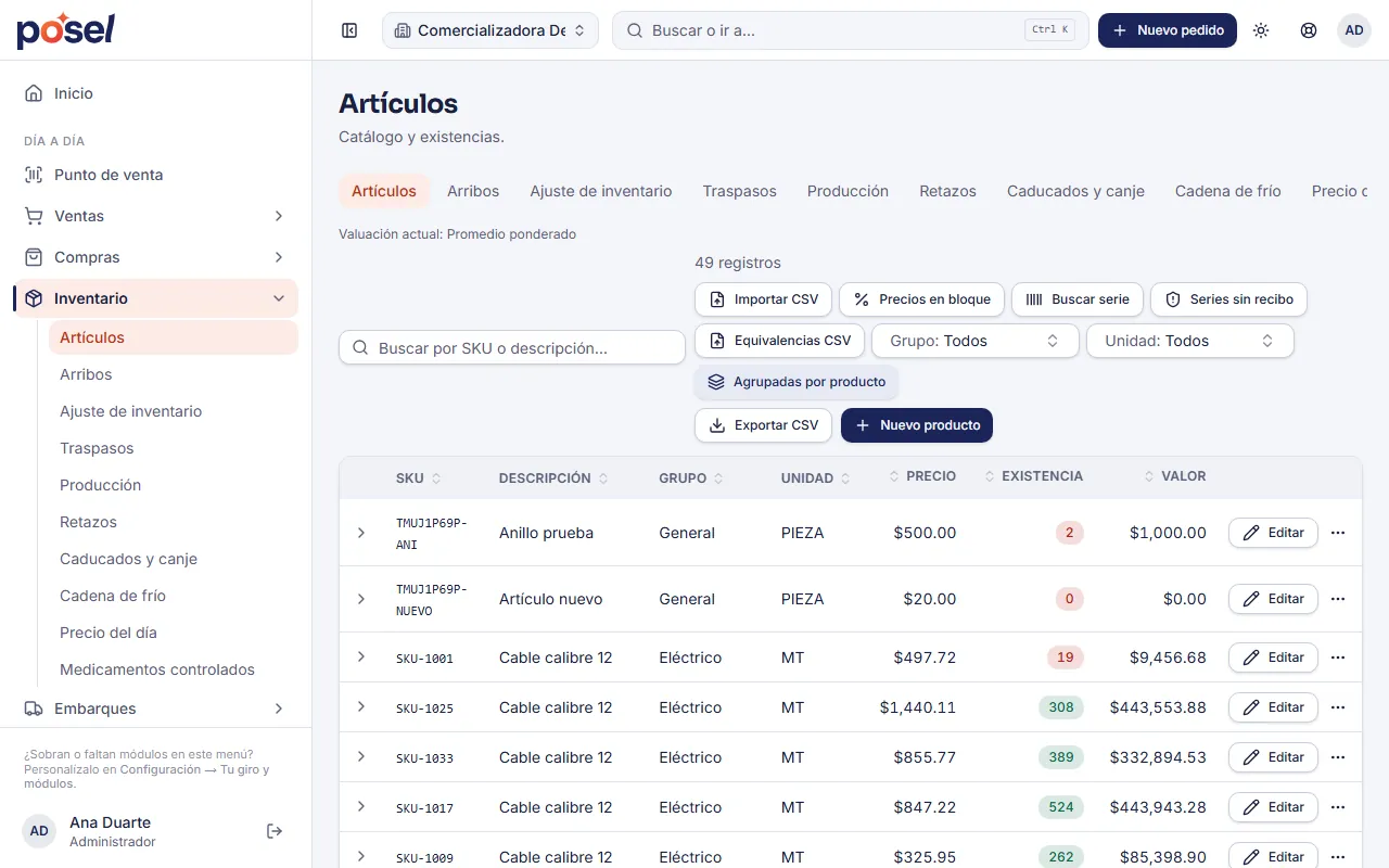 Pantalla de inventario de Posel: catálogo de artículos con SKU, descripción, grupo, precio, existencia y valor, con pestañas de arribos, ajustes y traspasos.