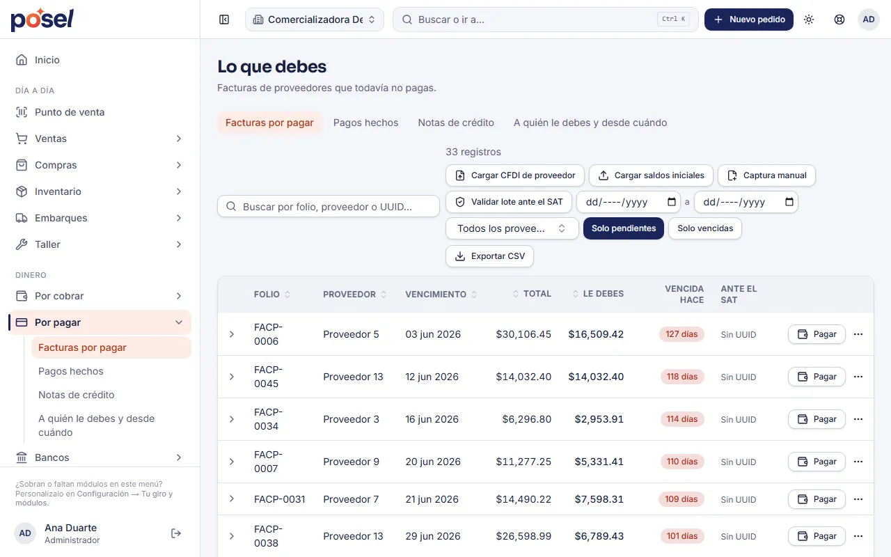 Pantalla de pagos de Posel: cuentas por pagar a proveedores con saldos y vencimientos.