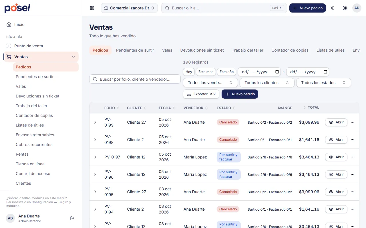 Pantalla de ventas de Posel: tabla de pedidos con folio, cliente, fecha, vendedor, estado y avance de surtido y facturación.